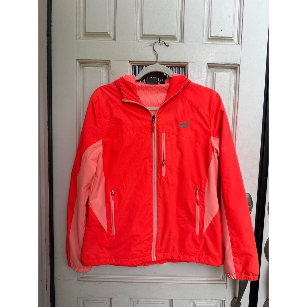 New Balance Womens Neon Coral Pink Hooded Running Jacket Windbreaker Size Medium